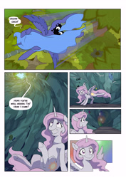 Size: 6197x8760 | Tagged: safe, artist:jeremy3, artist:lummh, character:princess celestia, character:princess luna, species:alicorn, species:pony, comic:celestia's destiny, absurd resolution, both cutie marks, comic, everfree forest, female, filly, ouch, overhead view, past, pink-mane celestia, s1 luna, tree, young celestia, young luna