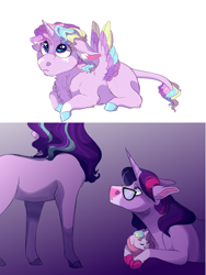 Size: 2000x2664 | Tagged: safe, artist:uunicornicc, character:starlight glimmer, character:twilight sparkle, character:twilight sparkle (scitwi), oc, oc:sterling glimmer, parent:sci-twi, parent:starlight glimmer, parent:twilight sparkle, parents:twistarlight, species:alicorn, species:pony, species:unicorn, ship:twistarlight, my little pony:equestria girls, alicorn oc, baby, baby pony, chest fluff, cloven hooves, equestria girls ponified, female, glasses, lesbian, magical lesbian spawn, mare, offspring, ponified humanized pony, scitwistarlight, shipping, unicorn sci-twi