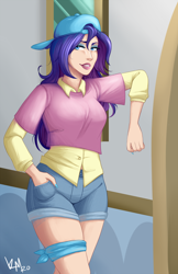 Size: 2200x3400 | Tagged: safe, artist:emberfan11, character:rarity, species:human, alternate hairstyle, backwards ballcap, baseball cap, cap, clothing, disguise, female, hat, humanized, plainity, solo