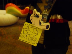 Size: 3648x2736 | Tagged: safe, artist:lonewolf3878, character:shining armor, character:smolder, species:dragon, species:pony, species:unicorn, harmonycon 2020, hooves in air, irl, photo, post it notes, post-it note pony, pun, sticker