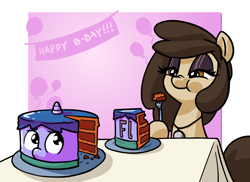 Size: 800x582 | Tagged: safe, artist:whateverbender, oc, oc only, oc:bender watt, oc:louvely, species:alicorn, species:earth pony, species:pony, birthday, birthday cake, cake, dexterous hooves, eating, eyeshadow, female, food, food transformation, fork, hoof hold, inanimate tf, jewelry, lidded eyes, makeup, male, mare, necklace, nose wrinkle, puffy cheeks, stallion, transformation, vore