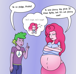 Size: 1700x1651 | Tagged: safe, artist:foxtide888, artist:pacificside18, character:pinkie pie, character:spike, species:human, my little pony:equestria girls, belly, belly button, big belly, clothing, crossed arms, dialogue, fudge pudge, human spike, humanized, humor, joke, pants, preggy pie, pregnant, pregnant equestria girls, shirt, skirt, speech bubble, t-shirt, thought bubble