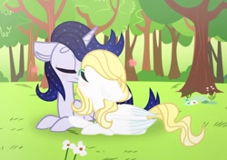 Size: 1280x899 | Tagged: safe, artist:darbypop1, oc, oc only, oc:grace, oc:handsome lullaby, species:pegasus, species:pony, species:unicorn, blushing, female, flower, heart, kissing, male, mare, prone, stallion, tree