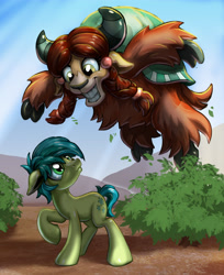 Size: 2932x3600 | Tagged: safe, artist:harwick, character:sandbar, character:yona, species:earth pony, species:pony, species:yak, ship:yonabar, cloven hooves, dogpile, duo, female, floppy ears, glomp, grin, male, meme, raised hoof, shipping, smiling, straight, teenager, this will end in pain, this will end in snu snu, this will not end well