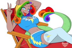 Size: 3600x2400 | Tagged: safe, artist:ponyecho, oc, oc:eris rainbowstar, species:anthro, breasts, chair, cleavage, clothing, commission, fangs, female, hybrid, looking at you, peace sign, shorts, simple background, socks, solo, thigh highs, tongue out, transparent background, wonderbolts
