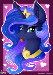 Size: 1600x2264 | Tagged: safe, artist:julunis14, character:princess luna, species:alicorn, species:pony, episode:hearts and hooves day, g4, my little pony: friendship is magic, accessory swap, alternate hairstyle, bedroom eyes, clothing, cosplay, costume, crown, ear fluff, holiday, jewelry, looking at you, mane swap, necklace, regalia, tongue out