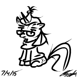 Size: 512x512 | Tagged: safe, artist:ozzyg, character:moondancer, species:pony, species:unicorn, clothing, female, glasses, mare, monochrome, sitting, sweater