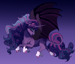 Size: 2000x1700 | Tagged: safe, artist:uunicornicc, character:princess luna, character:twilight sparkle, character:twilight sparkle (alicorn), species:alicorn, species:classical unicorn, species:pony, species:unicorn, bat wings, cloven hooves, female, fusion, hybrid wings, leonine tail, slit eyes, solo, unshorn fetlocks, wings