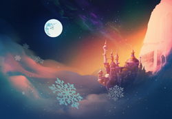 Size: 1768x1227 | Tagged: safe, artist:lummh, canterlot, canterlot castle, cloud, mare in the moon, moon, night, no pony, scenery, scenery porn, sky, snow, snowflake, starry night, stars, wallpaper