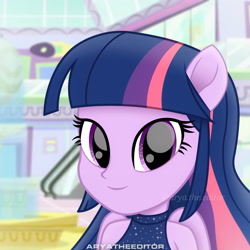 Size: 1920x1920 | Tagged: safe, artist:aryatheeditor, character:twilight sparkle, character:twilight sparkle (alicorn), species:alicorn, species:pony, my little pony:equestria girls, female, looking at you, magic, photo, ponied up, pony ears, sleeveless, sleeveless shirt, smiley face, smiling, solo, straight hair, wings