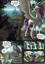 Size: 3541x5016 | Tagged: safe, artist:alexvanarsdale, artist:lummh, character:princess skystar, character:queen novo, species:classical hippogriff, species:hippogriff, comic:twist of faith, my little pony: the movie (2017), absurd resolution, airship, armor, background hippogriff, cloud, comic, dark clouds, dialogue, female, fledgeling, hippogriffia, male, mount aris, ocean, speech bubble, storm king's emblem, storm king's ship, unnamed hippogriff, young skystar