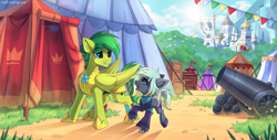 Size: 2131x1080 | Tagged: safe, artist:redchetgreen, oc, oc only, oc:evergreen feathersong, species:pegasus, species:pony, armor, cannon, cannonball, canterlot castle, crate, pegasus oc, royal guard, royal guard armor, tent