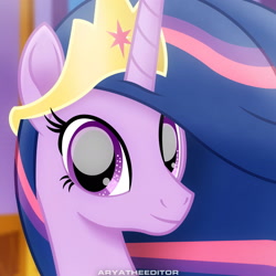 Size: 1920x1920 | Tagged: safe, artist:aryatheeditor, character:twilight sparkle, character:twilight sparkle (alicorn), species:alicorn, species:pony, episode:the last problem, g4, my little pony: friendship is magic, my little pony: the movie (2017), blurred background, canterlot, canterlot castle, crown, cutie mark, digital art, element of magic, female, jewelry, movie accurate, photo, princess twilight 2.0, regalia, smiley face, smiling, solo