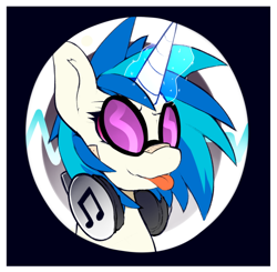 Size: 540x530 | Tagged: safe, artist:kribbles, character:dj pon-3, character:vinyl scratch, species:pony, species:unicorn, bandaid, blep, bust, button, female, glowing horn, headphones, horn, magic, magic aura, mare, portrait, solo, tongue out