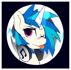 Size: 1280x1255 | Tagged: safe, alternate version, artist:kribbles, character:dj pon-3, character:vinyl scratch, species:pony, species:unicorn, bandaid, blep, bust, button, cute, female, glowing horn, headphones, horn, magic, magic aura, mare, one eye closed, portrait, solo, tongue out, vinylbetes, wink