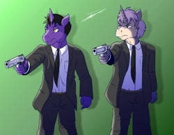 Size: 1280x995 | Tagged: safe, artist:beowulf100, oc, oc only, species:anthro, species:pony, species:unicorn, clothing, commission, digital art, gun, handgun, male, pistol, pulp fiction, simple background, suit, weapon