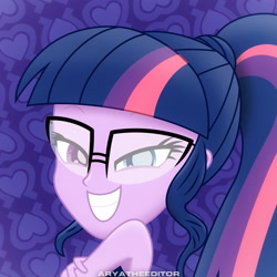 Size: 1920x1920 | Tagged: safe, artist:aryatheeditor, character:twilight sparkle, character:twilight sparkle (scitwi), species:eqg human, episode:i'm on a yacht, g4, my little pony: equestria girls, my little pony:equestria girls, spoiler:eqg series (season 2), bare shoulders, bedroom eyes, big smile, cool, female, geode of telekinesis, glasses, grin, happy, looking at you, magical geodes, movie accurate, pose, powerful sparkle, sleeveless, smiley face, smiling, smiling at you, solo, square, style