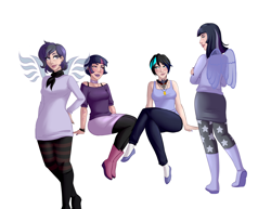 Size: 3300x2550 | Tagged: safe, alternate version, artist:emberfan11, character:mean twilight sparkle, character:twilight sparkle, oc, oc:moonlight nova, oc:moonshine twinkle, oc:nightfall blitz, parent:mean twilight sparkle, parent:oc:moonshine twinkle, parents:canon x oc, species:human, icey-verse, episode:the mean 6, g4, my little pony: friendship is magic, alicorn amulet, alternate hairstyle, bedroom eyes, black socks, blushing, boots, bra, bra strap, bracelet, breasts, canon x oc, choker, clothing, commission, ear piercing, earring, eyeshadow, family, female, flats, humanized, jeans, jewelry, lesbian, lightbulb, lipstick, looking at each other, magical lesbian spawn, makeup, meanshine, miniskirt, mother and child, mother and daughter, multicolored hair, nail polish, necklace, offspring, pants, pantyhose, parents:meanshine, piercing, scarf, shipping, shirt, shoes, siblings, simple background, sisters, skirt, smiling, smirk, smug, socks, stockings, striped socks, sweater, tank top, tattoo, thigh highs, underwear, wall of tags, white background, wings, wristband