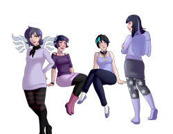 Size: 3300x2550 | Tagged: safe, alternate version, artist:emberfan11, character:mean twilight sparkle, character:twilight sparkle, oc, oc:moonlight nova, oc:moonshine twinkle, oc:nightfall blitz, parent:mean twilight sparkle, parent:oc:moonshine twinkle, parents:canon x oc, species:human, icey-verse, episode:the mean 6, g4, my little pony: friendship is magic, alicorn amulet, alternate hairstyle, bedroom eyes, black socks, blushing, boots, bra, bra strap, bracelet, breasts, canon x oc, choker, clothing, commission, ear piercing, earring, eyeshadow, family, female, flats, humanized, jeans, jewelry, lesbian, lightbulb, lipstick, looking at each other, magical lesbian spawn, makeup, meanshine, miniskirt, mother and child, mother and daughter, multicolored hair, nail polish, necklace, offspring, pants, pantyhose, parents:meanshine, piercing, scarf, shipping, shirt, shoes, siblings, simple background, sisters, skirt, smiling, smirk, smug, socks, stockings, striped socks, sweater, tank top, tattoo, thigh highs, transparent background, underwear, wall of tags, wings, wristband