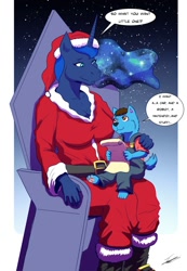 Size: 886x1280 | Tagged: safe, artist:beowulf100, character:princess luna, oc, oc:wolzard, species:alicorn, species:anthro, species:pony, species:wolf, chair, child, christmas, clothing, commission, costume, dialogue, digital art, holiday, horn, paper, puppy, santa costume, speech bubble, text