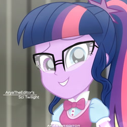 Size: 1920x1920 | Tagged: safe, artist:aryatheeditor, character:twilight sparkle, character:twilight sparkle (scitwi), species:eqg human, my little pony:equestria girls, bow tie, canterlot high, female, geode of telekinesis, glass, glasses, happy, heterochromia, looking at you, magical geodes, photo, powerful sparkle, smiling, smiling at you, solo