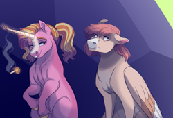 Size: 2200x1500 | Tagged: safe, artist:uunicornicc, character:luster dawn, oc, oc:lychee twist, parent:scootaloo, parent:sweetie belle, parents:scootabelle, species:pegasus, species:pony, species:unicorn, cigarette, magic, magical lesbian spawn, offspring, smoking