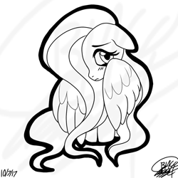Size: 1024x1024 | Tagged: safe, artist:ozzyg, character:fluttershy, species:pegasus, species:pony, female, mare, monochrome, solo
