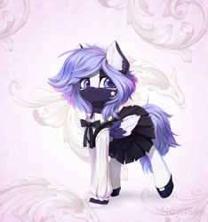 Size: 1500x1600 | Tagged: safe, artist:inowiseei, oc, oc only, oc:alenaria, species:pegasus, species:pony, abstract background, clothing, commission, dress, ear fluff, female, looking at you, maid, mare, raised leg, shirt, shoes, smiling, solo, stockings, thigh highs, two toned wings, wings