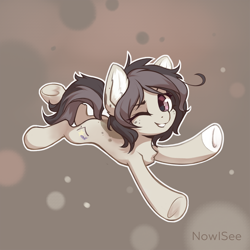 Size: 1280x1280 | Tagged: safe, artist:inowiseei, oc, oc only, oc:polka dot, species:earth pony, species:pony, abstract background, chest fluff, commission, ear fluff, female, fluffy, freckles, looking at you, mare, smiling, solo, underhoof