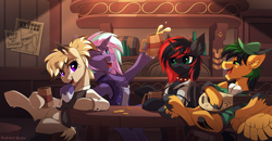 Size: 2100x1092 | Tagged: safe, artist:redchetgreen, oc, oc only, species:alicorn, species:bat pony, species:earth pony, species:pegasus, species:pony, species:unicorn, bar, bard, bat pony alicorn, bat wings, fantasy class, horn, red and black oc, tavern, wings