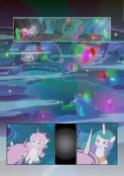 Size: 752x1063 | Tagged: safe, artist:jeremy3, artist:lummh, character:princess celestia, species:alicorn, species:pony, comic:celestia's destiny, cave, cavern, comic, crystal, female, filly, filly celestia, foal, future, glowing gems, past, pink-mane celestia, reflection, swimming pool, water, young celestia, younger