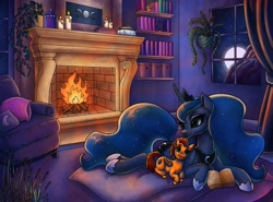 Size: 1280x949 | Tagged: safe, artist:pitchyy, character:princess luna, oc, oc:fireheart, species:alicorn, species:pegasus, species:pony, book, bookshelf, candle, commission, couch, cushion, duo, ethereal mane, female, fireplace, house plant, jewelry, mare, moon, pillow, regalia, smiling, snuggling