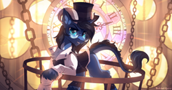 Size: 2300x1217 | Tagged: safe, artist:redchetgreen, oc, oc only, oc:zephyr tone, species:pony, clock, clothing, cute, glasses, handsome, hat, leonine tail, longmoran, looking at you, male, original species, solo, suit, top hat, unshorn fetlocks