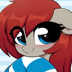 Size: 894x894 | Tagged: safe, artist:moozua, oc, oc only, oc:ponepony, species:earth pony, species:pony, blushing, bust, clothing, cute, eye clipping through hair, female, floppy ears, looking at you, mare, ocbetes, portrait, socks, solo, striped background, striped socks