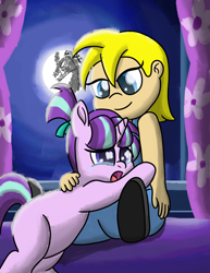 Size: 2550x3300 | Tagged: safe, artist:saburodaimando, character:pony of shadows, character:starlight glimmer, oc, oc:wanda young, species:human, alternate universe, child, comfort, crying, female, filly, filly starlight glimmer, hug, moon, night, sad, younger