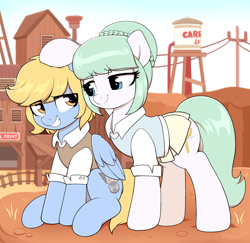 Size: 2480x2413 | Tagged: safe, artist:moozua, oc, oc only, oc:blue skies, oc:largesse, species:earth pony, species:pegasus, species:pony, clothing, duo, dustbowl, female, hoof on head, looking at each other, mare, miniskirt, pleated skirt, shirt, sitting, skirt, team fortress 2
