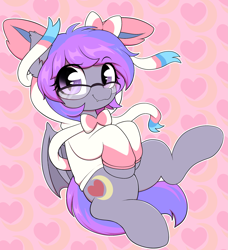 Size: 2241x2455 | Tagged: safe, artist:moozua, oc, species:bat pony, clothing, crossover, cute, cute little fangs, fangs, glasses, heart, heart background, hoodie, looking at you, pokémon, slit eyes, slit pupils, solo, sweater, sylveon
