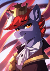 Size: 1200x1711 | Tagged: safe, artist:redchetgreen, oc, oc only, species:pony, bust, clothing, crown, cute, handsome, jewelry, looking at you, male, regalia, solo