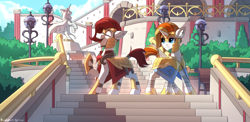 Size: 2080x1019 | Tagged: safe, artist:redchetgreen, oc, oc only, oc:sovereign, oc:terracotta, species:earth pony, species:pony, species:unicorn, armor, bandage, bench, bush, commission, curious, detailed background, duo, happy, helmet, looking at something, looking back, male, open mouth, raised hoof, royal guard, scenery, stairs, stallion, standing, ych result