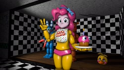 Size: 2720x1530 | Tagged: safe, artist:fazbearsparkle, character:pinkie pie, my little pony:equestria girls, 3d, animatronic, clothing, costume, crossover, cupcake, five nights at freddy's, five nights at freddy's 2, food, freddy fazbear, freddy fazbear's pizzeria, looking at you, not amused face, source filmmaker, suit, toy bonnie, toy chica, toy freddy