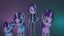 Size: 7680x4320 | Tagged: safe, artist:fazbearsparkle, character:starlight glimmer, species:pony, my little pony:equestria girls, 3d, beanie, clothing, female, filly, filly starlight glimmer, hat, human ponidox, looking at you, multeity, pants, ponidox, ripped pants, s5 starlight, self paradox, self ponidox, sfm pony, source filmmaker, starlight glimmer day, time paradox, younger