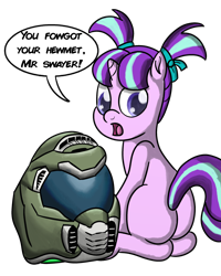 Size: 2400x3000 | Tagged: safe, artist:saburodaimando, character:starlight glimmer, butt, cute, doom, doomguy, female, filly, filly starlight glimmer, helmet, implied doomguy, plot, simple background, sitting, solo, transparent background, younger