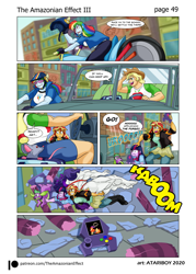 Size: 2726x3802 | Tagged: safe, artist:atariboy2600, artist:bluecarnationstudios, character:applejack, character:rainbow dash, character:rarity, character:spike, character:spike (dog), character:sunset shimmer, character:twilight sparkle, character:twilight sparkle (scitwi), species:dog, species:eqg human, species:human, comic:the amazonian effect, comic:the amazonian effect iii, my little pony:equestria girls, amazonian, breasts, busty applejack, busty rainbow dash, clothing, comic, destruction, dialogue, donkey kong, donkey kong (arcade), explicit series, helmet, high res, jacket, jumpman, knocked out, motorcycle, mouse, muscles, muscular female, open mouth, overdeveloped muscles, purse, race, ripped rarity, speech bubble, sunglasses, truck, video game