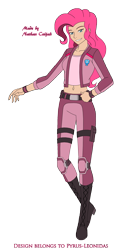 Size: 1455x2989 | Tagged: safe, artist:pyrus-leonidas, part of a set, character:pinkie pie, species:human, series:mortal kombat:defenders of equestria, bedroom eyes, belly button, belt, boots, clothing, crossover, digital art, female, grin, humanized, jacket, knee pads, looking at you, midriff, mortal kombat, pants, part of a series, shoes, simple background, smiling, solo, transparent background, video game crossover, woman