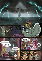 Size: 3541x5016 | Tagged: safe, artist:alexvanarsdale, artist:lummh, character:queen novo, species:hippogriff, comic:twist of faith, my little pony: the movie (2017), absurd resolution, airship, armor, background hippogriff, comic, dialogue, female, fight, lightning, male, mount aris, speech bubble, storm, storm creature, storm guard, storm king's emblem, storm king's ship, wings