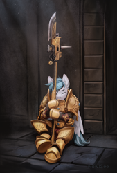 Size: 2000x2960 | Tagged: safe, artist:inowiseei, oc, oc only, oc:lonepegasus, species:pegasus, species:pony, adeptus custodes, armor, commission, crossover, eyes closed, guard, guardian spear, high res, male, power armor, sleeping, solo, warhammer (game), warhammer 40k, weapon