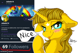 Size: 1024x696 | Tagged: safe, artist:julunis14, character:rainbow dash, oc, oc:ayza, species:pegasus, species:pony, species:unicorn, bedroom eyes, blushes, dialogue, floppy ears, meta, milestone, nice, screenshots, simple background, speech bubble, tongue out, transparent background, twitter