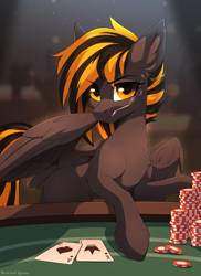 Size: 1200x1645 | Tagged: safe, artist:redchetgreen, oc, oc only, species:pegasus, species:pony, ace of spades, casino, cigarette, king of spades, looking at you, male, playing card, poker, poker chips, smoking, solo, texas hold'em