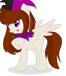 Size: 1187x1360 | Tagged: safe, artist:circuspaparazzi5678, base used, oc, oc only, species:pegasus, species:pony, april fools, aprilfoolspony, bells, clothing, clown nose, clown pony, hat, jester hat, jester pony, purple eyes, simple background, solo, transparent background