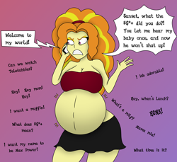 Size: 1700x1557 | Tagged: safe, artist:pacificside18, character:adagio dazzle, character:sunset shimmer, my little pony:equestria girls, adagio preggo, angry, belly, belly button, big belly, breasts, cleavage, clothing, headband, humor, implied sunset shimmer, offscreen character, phone, phone call, pregnant, pregnant equestria girls, skirt, voices